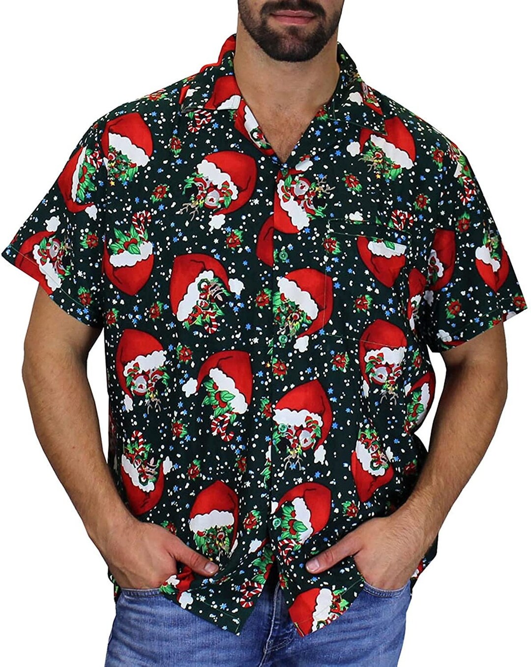 Men s Christmas Button Short Sleeve Shirt Festive Xmas Spirit Fun 
