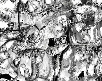There are 13 cats and  73 owls in this mystical abstract forest, 106x80 cm / 42x32 in, black and white, printable file for poster