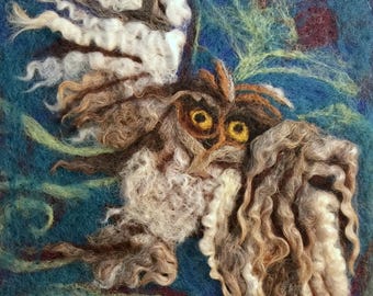 Big felted card / woolpainting, owl in the night forest, unique handmade art-craft, easy to frame