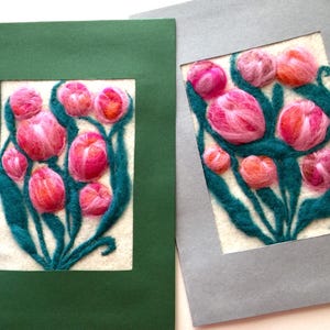 Zwei wollweiße Blumen Karte, leuchtend bunt handgemacht original Handarbeit