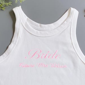 Custom Bridal Tank Top, Bride White Crop Top, Personalized Women Tank Top, Bachelorette Party Spaghetti Strap Tank Top, Bridal Shower Gift