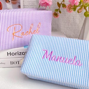 Bridesmaid Makeup Bag, Personalized Seersucker Makeup Bag, Stripe Cosmetic Bag with Name, Embroidered Monogram Makeup Pouch, Bridesmaid Gift