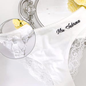 Embroidered Women Lace Underwear, Big Bow Lace Thong, Custom Hollow Lace Thong, Mrs Bride Lace Underwear, Bridal Gift, Lace Thong with Bow