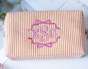 Monogrammed Makeup Bag, Embroidered Makeup Bag with Bow, Bridesmaids Cosmetic Bag, Seersucker Makeup Organizer, Custom Stripe Toiletry Bag