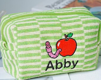 Cute Apple Makeup Bag, Apple & Worm Makeup Bag, Custom Name Cosmetic Bag, Green Striped Cosmetic Bag, Woolen Knitted Makeup Pouch for Women