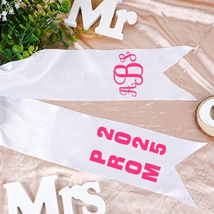 Prom Bouquet Ribbon, Monogrammed Bouquet Sash, Personalized Homecoming Sash, School Dance Bouquet Ribbon, Custom White Ribbon for Bouquet
