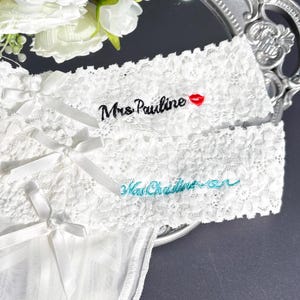 Sex Lace Thong, See Through Thong with Bow, Custom Bride Lace Thong, Embroidered Red Lips Women Underwear, Mrs Bride Lace Thong