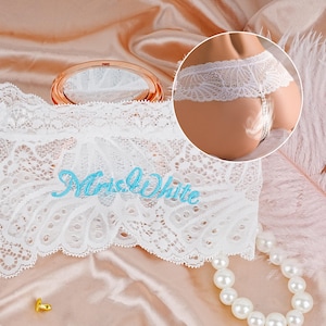 Sexy Lace Thong with Pearls, Custom Bridal Lace Thong, See Through Thong, Embroidered Name Lace Thong,Mrs. Pearl Lace Underwear,Gift for Her