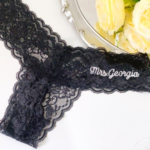 Embroidered Lace Thong for Bride, Mrs Bride Black Lace Thong, Personalized Name Lace Underwear, Custom Women&#39;s Lace Thong,Bridal Shower Gift