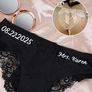 Custom Sex Lace Thong, Big Bow Lace Thong with Name, Mrs Bride Lace Thong, Personalized Wedding Lace Thong, Embroidered Name Lace Underwear