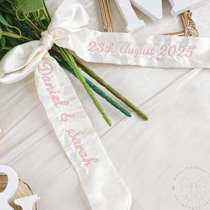 Bridal Bouquet Charms, Bouquet Ribbon with Wedding Date, Embroidered Flower Ribbon,Custom Satin Ribbon for Bouquet,Bouquet Wrap,Bouquet Sash