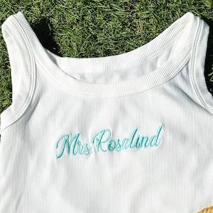 Embroidered Bride Tank Top, Spaghetti Strap Tank Top, Personalized Bridal Tank Top, Mrs. Crop Top, Bachelorette Party Shirt, Bridal Gits