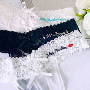 Sex Lace Thong with Bow, Custom Bride Lace Thong, Embroidered Women Underwear with Red Lip, Mrs Bride Lace Underwear,Girls See Through Thong