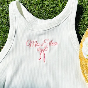 Bride Tank Top, Embroidered Bow Tank Top, Custom Mrs. Tank Top, Cute Bachelorette Party Shirt, Spaghetti Strap Tank Top, Bridal Shower Gift