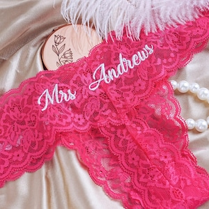 Pink Sexy Lace Thong, Mrs Bride Lace Thong, See Through Thong, Custom Women&#39;s Lace Underwear,Personalized Bride Underwear,Bridal Shower Gift