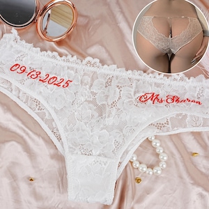 Personalized Wedding Thong, Sexy Lace Thong, White See Through Thong, Embroidered Women Lace Underwear with Chain, Custom Bridal Lace Thong