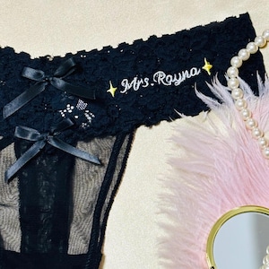 Black Lace Thong for Bride, Embroidered Lace Underwear with Asterism, Mrs Bride Lace Thong, Personalized Bow Lace Thong, Bridal Shower Gifts
