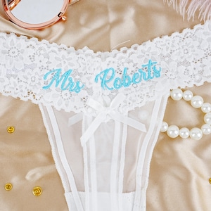 See Through Thong with Bow, Embroidered Name Women Underwear, Mrs Bride Lace Thong, Personalized Bridal Shower Gift, Custom Bow Lace Thong