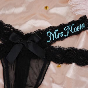 Black Lace Thong for Bride, Sexy Lace Thong with Bow, Embroidered Women Underwear, Personalized See Through Thong, Bachelorette Party Thong