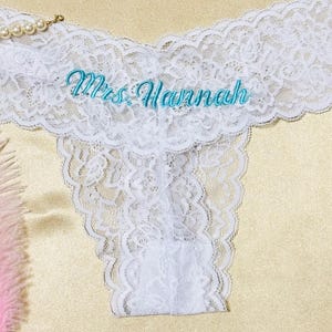 Embroidered See Through Thong, Custom Mrs Bride Lace Thong, Personalized Women Sexy Lace Underwear, Honeymoon Thong, Bridal Shower Gifts