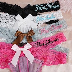 Cute Bow See Through Thong, Sexy Lace Thong for Bride, Bridal Lace Thong, Personalized Bachelorette Party Thong, Embroidered Women Underwear