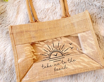 Beach Burlap Bag, Take Me To The Beach Totes, Sun Jute Bag for Her, Wedding Burlap Tote Bag, Travel Totes, Beach Lover Gift, Gift for Her