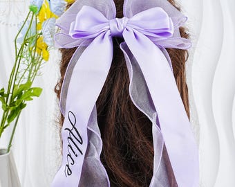 Custom Hair Bows, Personalized Monogram Hair Clips, Embroidered Hair Bows, Long Tail Hair Bows with Name, Girls Hair Accessories,Hair Ribbon