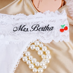 Mrs Bride Lace Thong, Personalized Lace Thong with Cherry, See Through Thong with Bow, Embroidered Women Sexy Underwear, Bridal Shower Gifts
