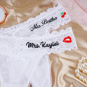 Sexy Lace Thong for Bride, See Through Thong with Bow, Personalized Bride Lace Underwear, Embroidered Name Women Thong, Bridal Shower Gifts
