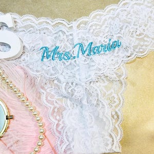 Bride Sexy Lace Thong, Mrs Bride See Through Thong, Embroidered Bride Lace Underwear, Custom Name Honeymoon Underwear, Bridal Shower Gifts