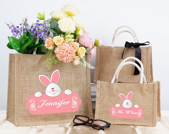 Easter Bunny Tote Bag, Pink Bunny Name Totes, Easter Egg Hunt Bag, Gepersonaliseerde Paastas met naam, Aangepaste Jute Tas voor haar, Paascadeaus