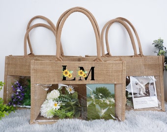 Sunflower Monogram Burlap Bag, Custom Floral Letter Totes, Personalized Bridesmaid Jute Bag, Bachelorette Party Favor Bag, Tote Bag for Her