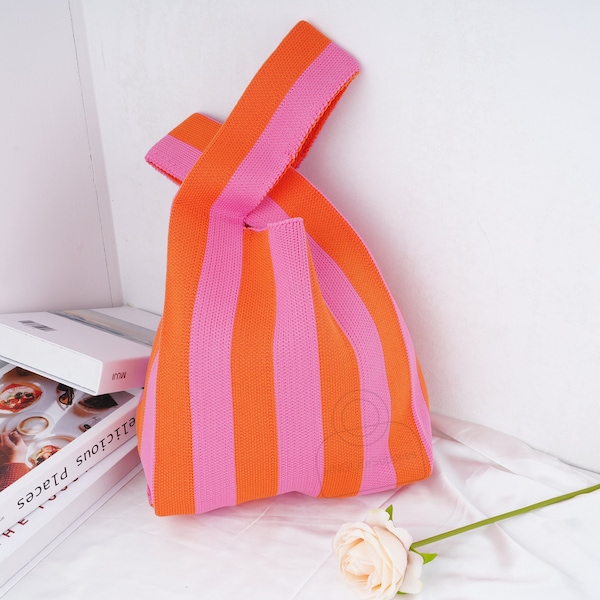 Handgewebte Streifen Tasche, Orange & Pink Streifen Einkaufstasche, häkeln Strick Einkaufstasche, handgemachte Streifen Totes, Mode lässig Einkaufstasche, Streifen Handtasche