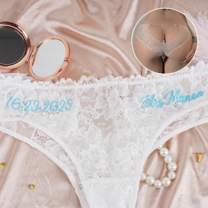 Bride Sexy Lace Thong, Embroidered Lace Thong with Chain, Custom See Through Thong, Personalized Women Lace Underwear, Bride Lace Underwear