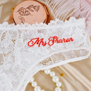 Custom Bride Lace Thong, Bridal Sexy Lace Thong, Embroidered Name See Through Thong, White Chain Lace Thong, Women Lace Underwear with Chain