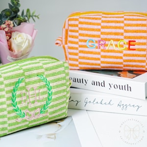 Bolsa de maquillaje de punto de lana, bolsa de maquillaje con nombre bordado, bolsa de maquillaje a rayas, bolsa de maquillaje con lazo, bolsa de maquillaje con nombre, bolsa de maquillaje para mujer