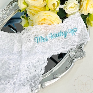 Personalized Lace Thong with Bow, Women Lace Underwear, Mrs Bride Lace Thong, Embroidered Wedding Thong,Bridal Shower Gift,Custom Lace Thong