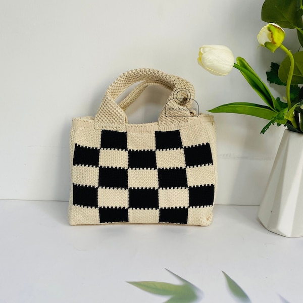 Checkerboard Crossbody Bag, Fashion Plaid Tote Bag, Crochet Knitted Shoulder Bag, All-match Checkerboard Bag, Large Commuter Bag, Girl's Bag