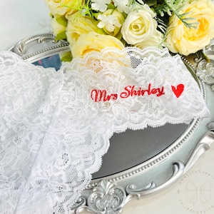 Mrs Bride Lace Thong, Embroidered Bride Lace Underwear, Personalized Wedding Thong, Women Lace Underwear with Heart, Bridal Shower Gifts