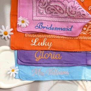 Personalized Name Bandana, Embroidered Bridesmaid Gift, Fashion Bandana with Name, Bachelorette Party Favor,Custom Handkerchief,Wedding Gift