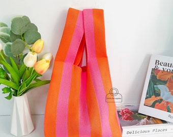 Orange&Pink Stripe Tote Bag, Handmade Knit Bag for Women, Custom Woolen Bag with Name, Simple Casual Shopping Bag, Crochet Stripe Handbag