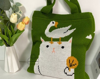 Green Cat Shoulder Bag, Crochet Knitted Cat and Duck Bag, Women Cute Casual Tote Bag, Handmade Woolen Knitted Shopping Bag, Commuter Bag