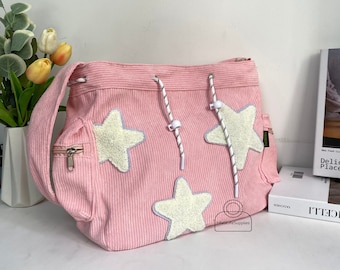 Cute Star Shoulder Bag, Corduroy Tote Bag, Large Capacity Crossbody Bag, Fashion Shopping Bag, Bag for Students, Corduroy Star Bag for Women