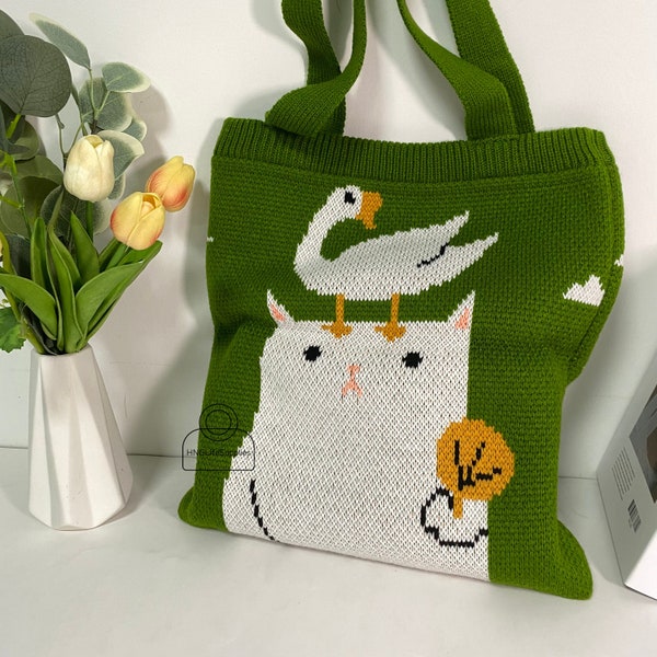 Green Cat Shoulder Bag, Crochet Knitted Cat and Duck Bag, Women Cute Casual Tote Bag, Handmade Woolen Knitted Shopping Bag, Commuter Bag