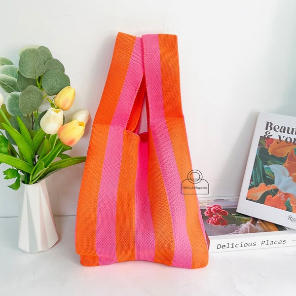Orange&Pink Stripe Tote Bag, Handmade Knit Bag for Women, Custom Woolen Bag with Name, Simple Casual Shopping Bag, Crochet Stripe Handbag