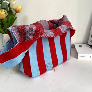 Red&Blue Knitted Woolen Bag, Handmade Knitted Handbag for Women, Simple Stripe Tote Bag, Custom Shopping Bag, Portable Commuter Bag for Her