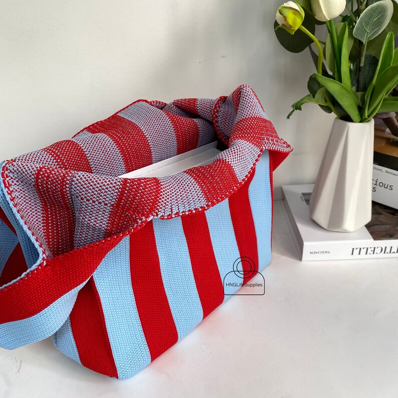 Red&Blue Knitted Woolen Bag, Handmade Knitted Handbag for Women, Simple Stripe Tote Bag, Custom Shopping Bag, Portable Commuter Bag for Her zdjęcie 5