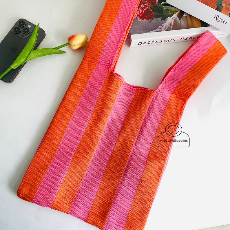 Women Hand-woven Stylish Stripe Bag, Handmade Crochet Casual Shopping Bag, Fashion Contrast Color Knitted Shoulder Bag, Crochet Stripe Totes zdjęcie 6