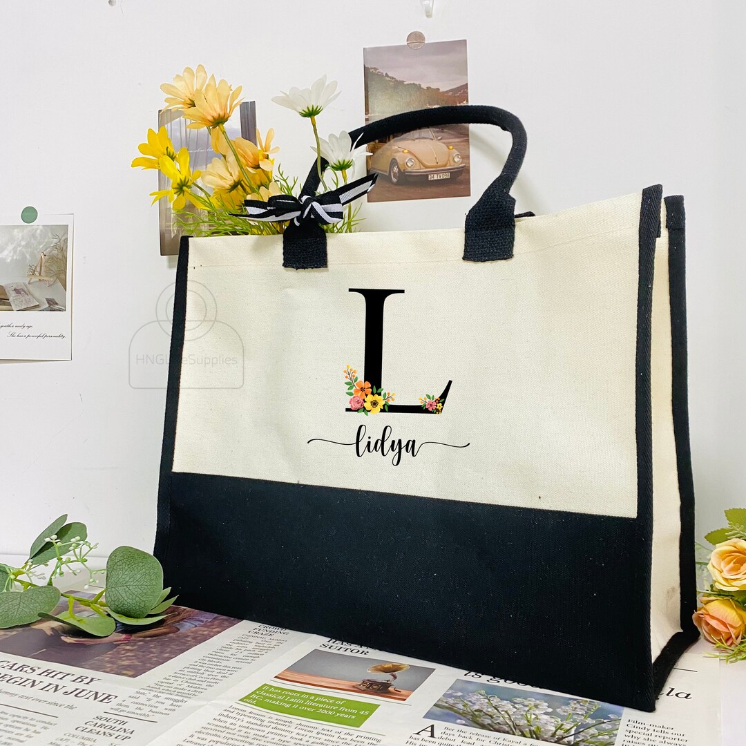 Floral Initial and Name Tote Bag, Custom Flower Monogram Totes