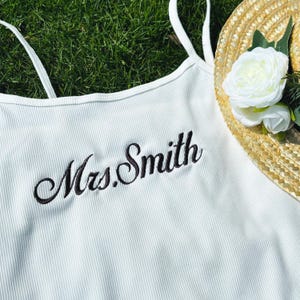 Spaghetti Strap Tank Top, Embroidered Bride Tank Top, Mrs. Crop Top, Personalized Bridal Crop Top, Bachelorette Party Shirt, Bridal Gifts